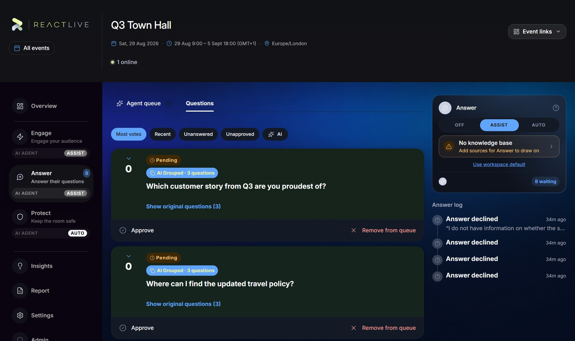 The Answer section's Questions tab: sort and filter chips, AI-grouped question cards with Approve and Remove from queue, and the Answer agent card and log on the right