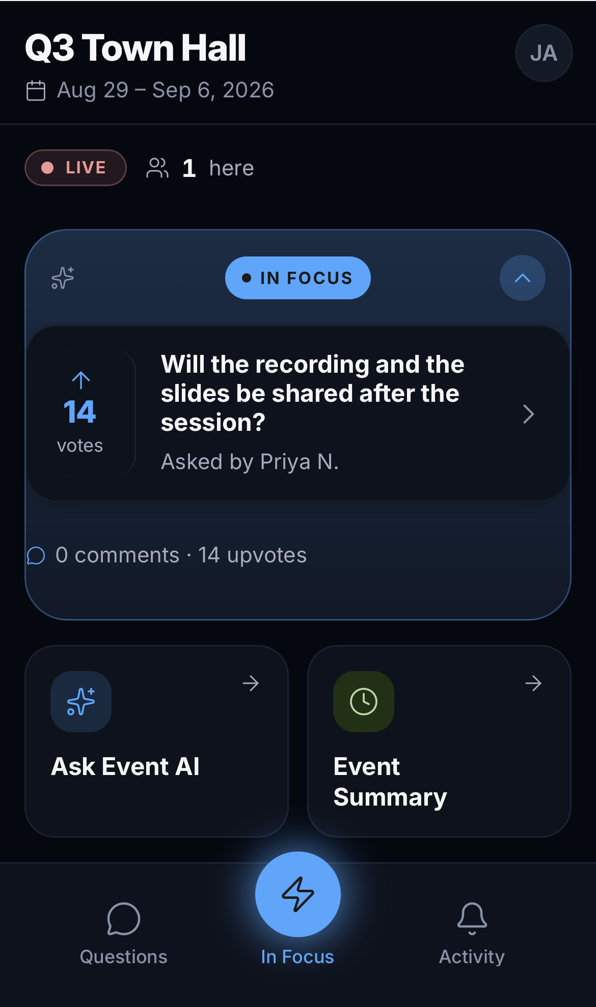 The audience app on a phone: the In Focus tab showing the spotlighted question with its votes, Ask Event AI and Event Summary cards, and the Questions · In Focus · Activity tab bar
