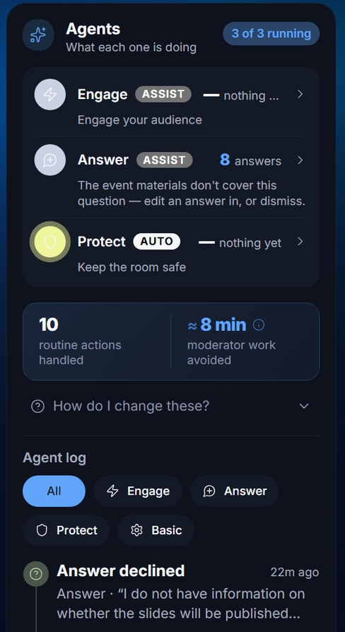 The Agents panel and agent log on the Overview