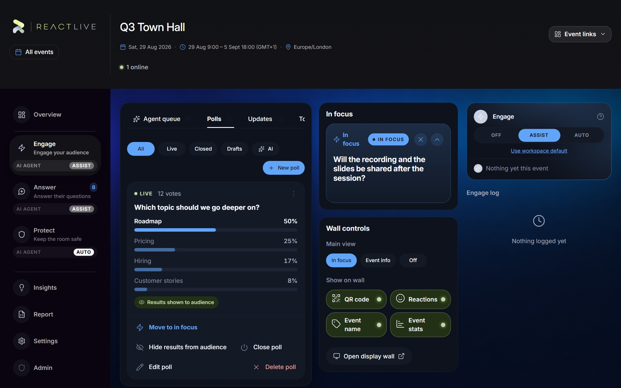 The Engage section with the Agent queue, Polls, Updates and Tools tabs, the In focus panel and Wall controls