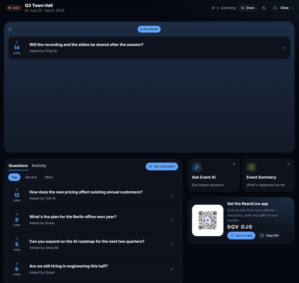 The event page during a live event: the In Focus stage with the spotlighted question, the questions list with Ask a Question, and the Ask Event AI, Event Summary and scan-to-join cards on the right