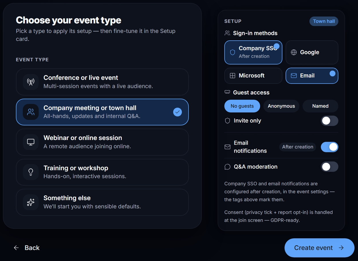 The event type step: five type tiles with Company meeting or town hall selected, and the Setup card showing sign-in methods, guest access, Invite only, email notifications and Q&A moderation