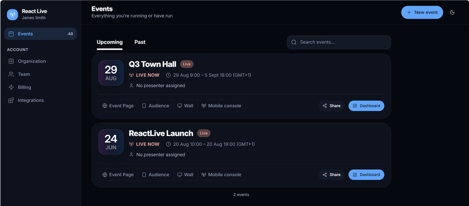 The events list with Upcoming and Past tabs, search, and an event card showing its status, dates and surface tiles
