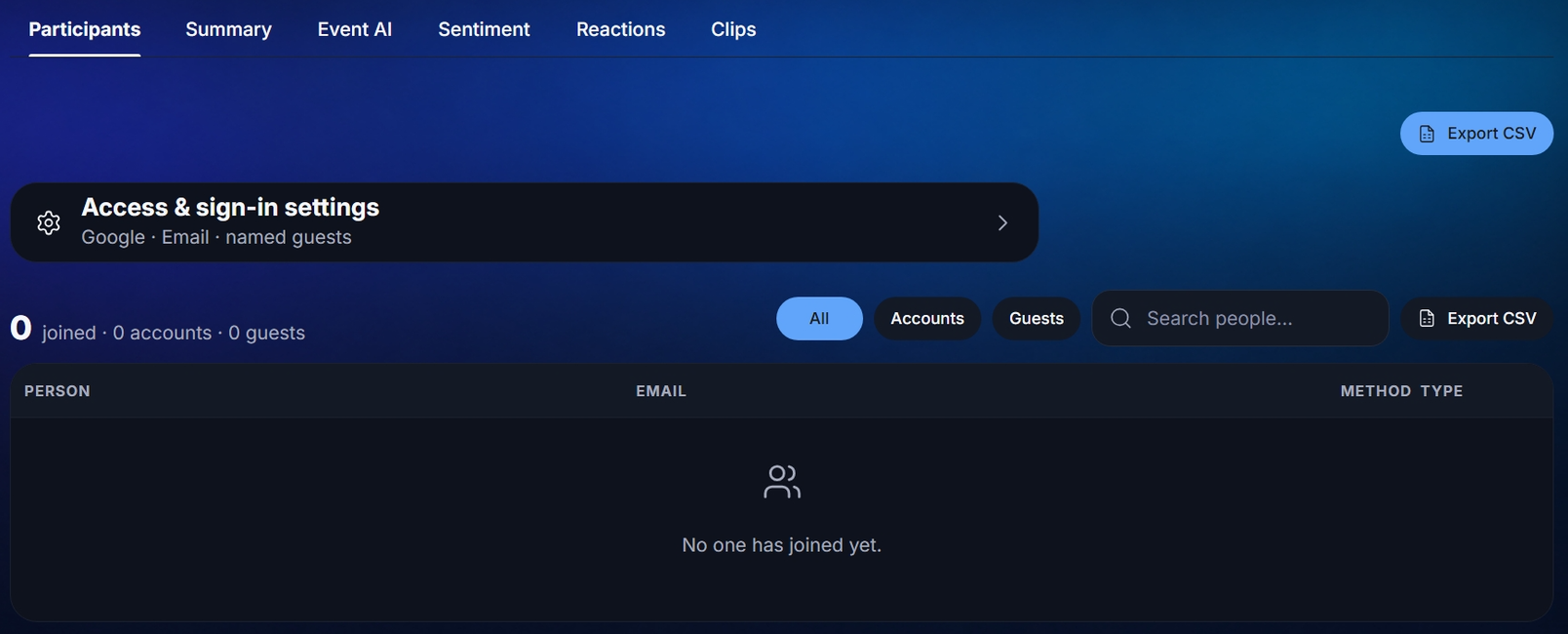 The Insights section tab bar: Participants, Summary, Event AI, Sentiment, Reactions, Clips