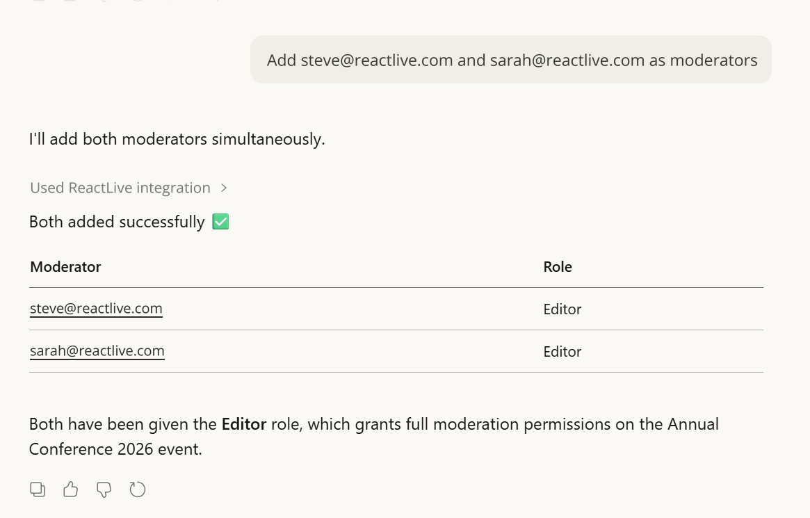 Claude adding two moderators to the event, both given the Editor role