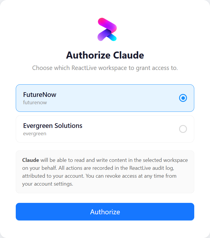 The ReactLive authorisation page listing the user's workspaces with one selected and an Authorize button