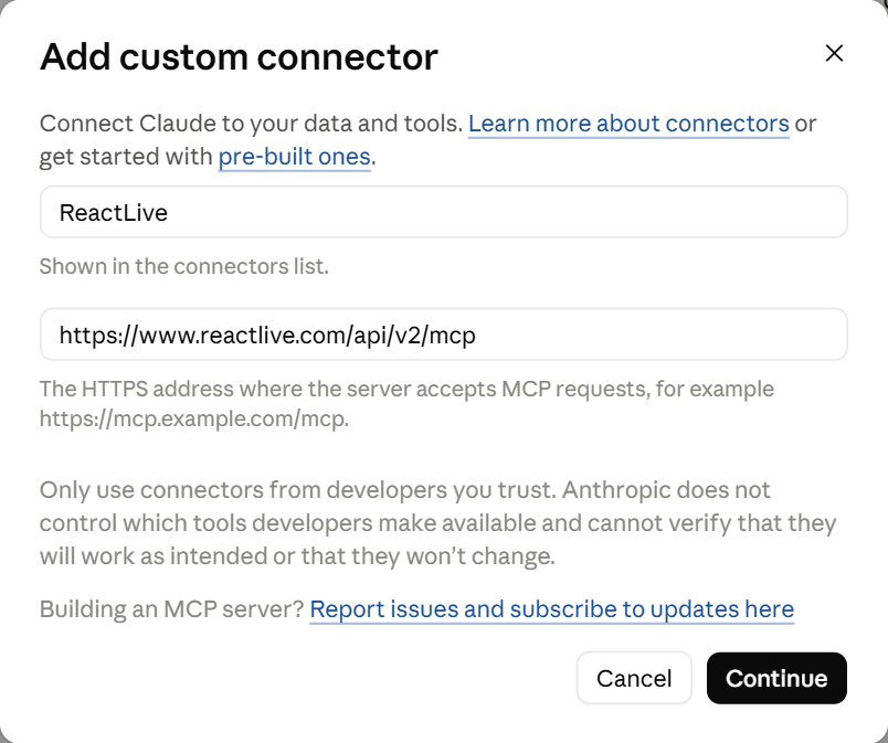 Claude's Add custom connector dialog with ReactLive as the name and the server URL filled in