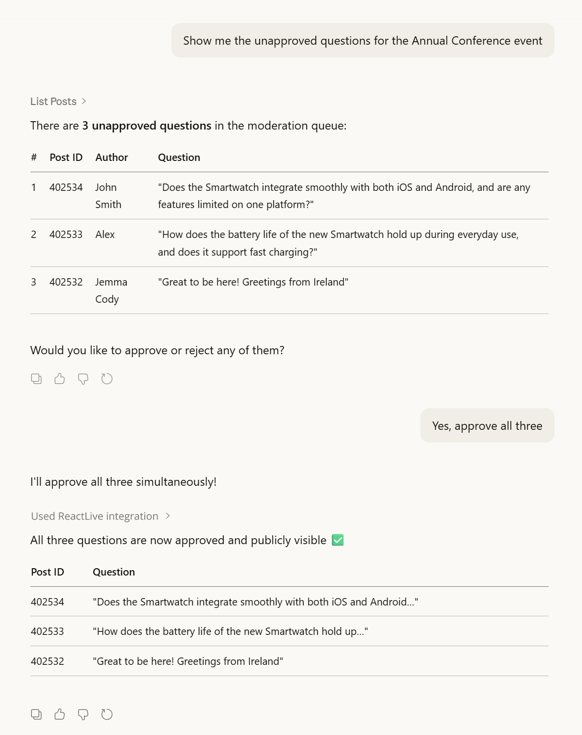 Claude listing the unapproved questions for an event and approving them on request
