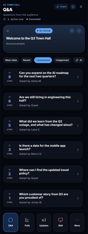 The mobile console's Q&A screen: the In focus panel at the top, the Most votes / Recent / Unanswered / Unapproved / AI filters, the question queue with votes, and the Q&A · Polls · Updates · Wall · More tab bar