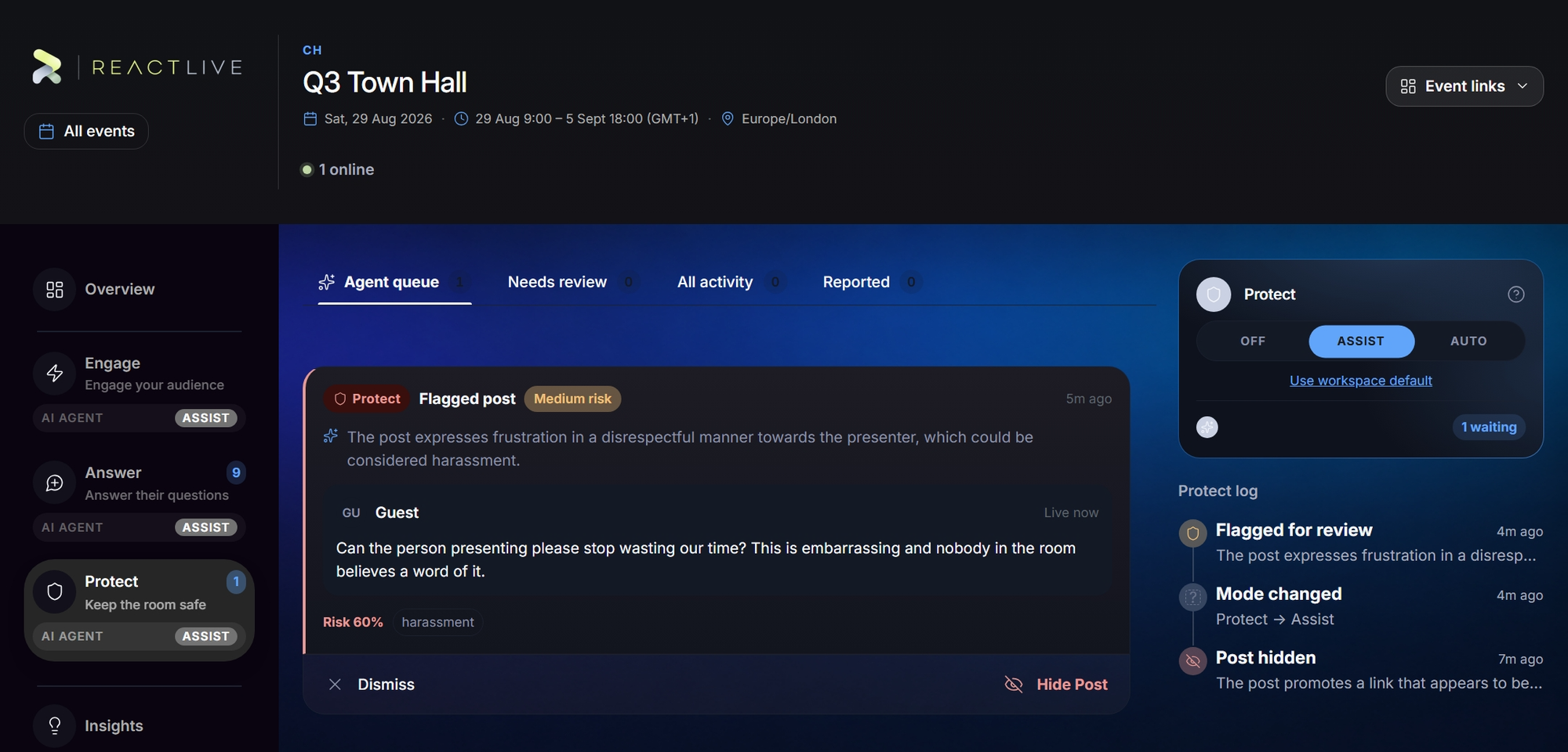 The Protect section with Agent queue, Needs review, All activity and Reported tabs
