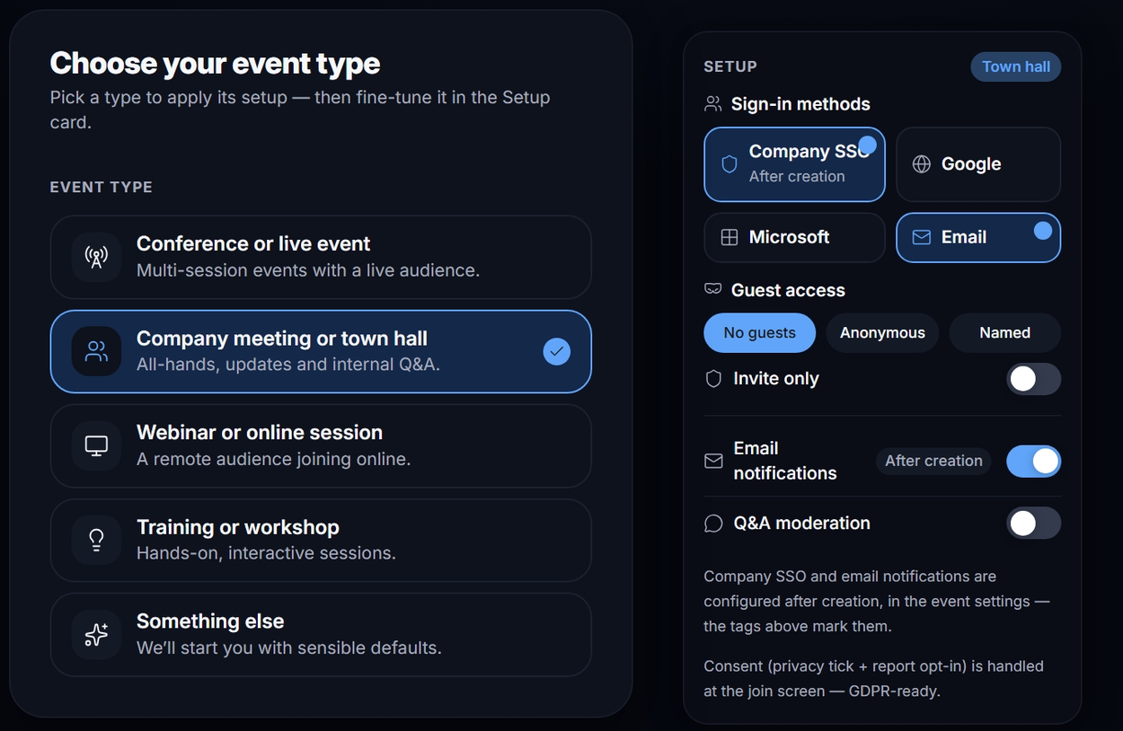 The New event dialog with the event type tiles