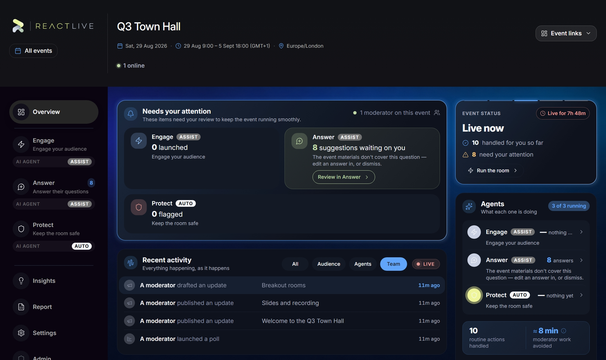 The console Overview during a live event