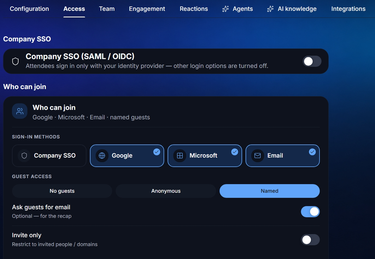 Settings → Access with the event code, sign-in methods, guest options and participants