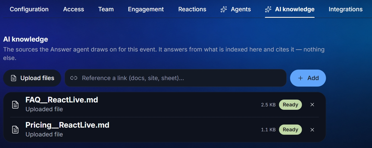 Settings → AI knowledge with the upload area, a link field, and a list of sources with status pills