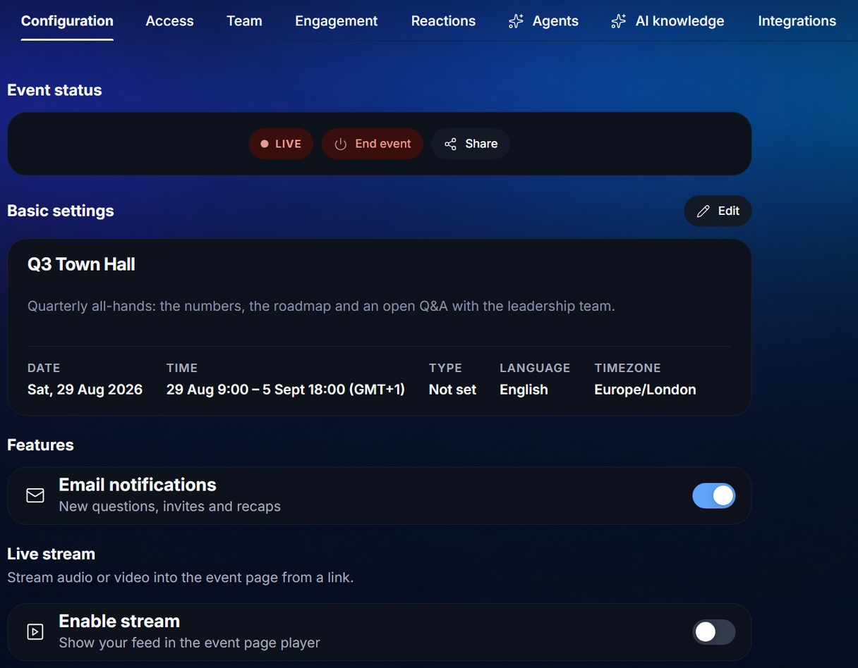 Settings → Configuration with event status, basic settings, features and live stream