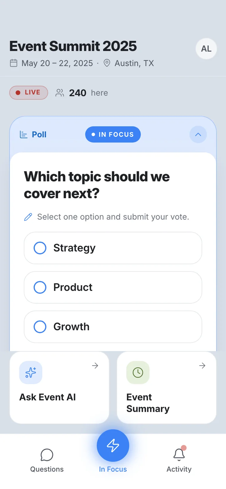 The Audience app showing the poll currently In Focus
